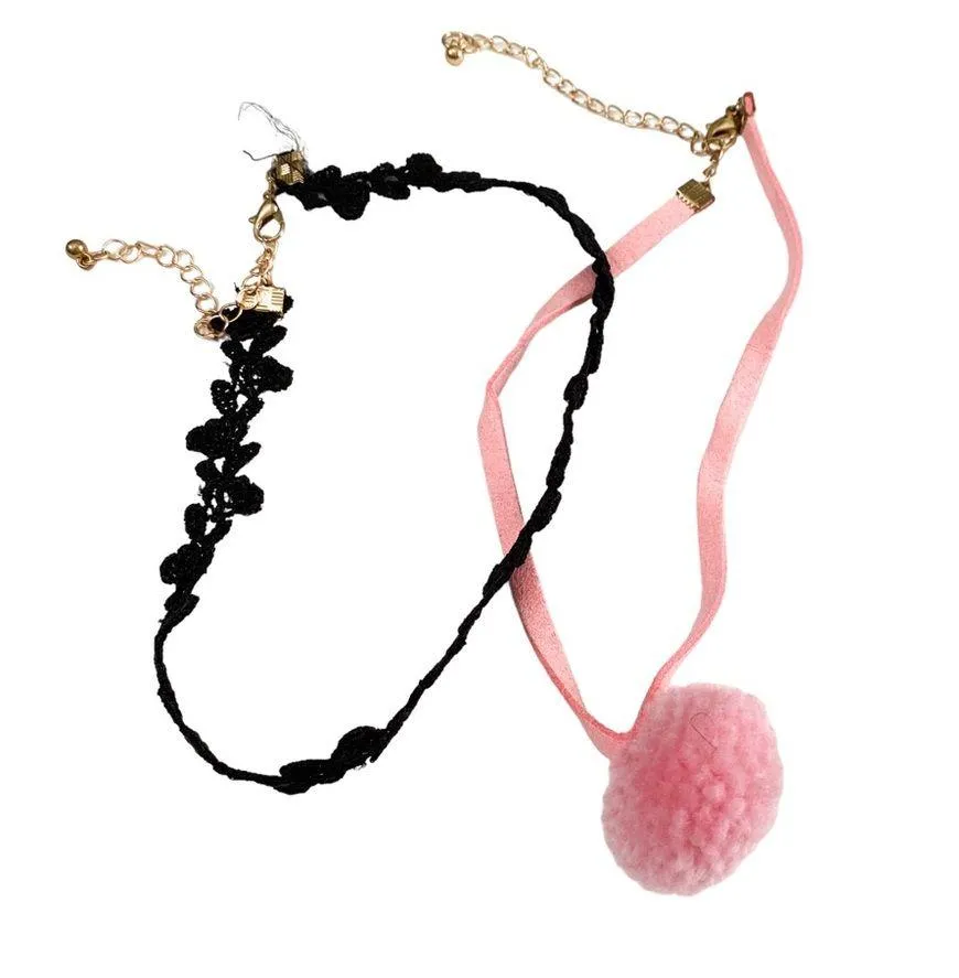 Forever 21 Pink Pom Pom Choker with Black Lace Choker Necklace Set - Image 3