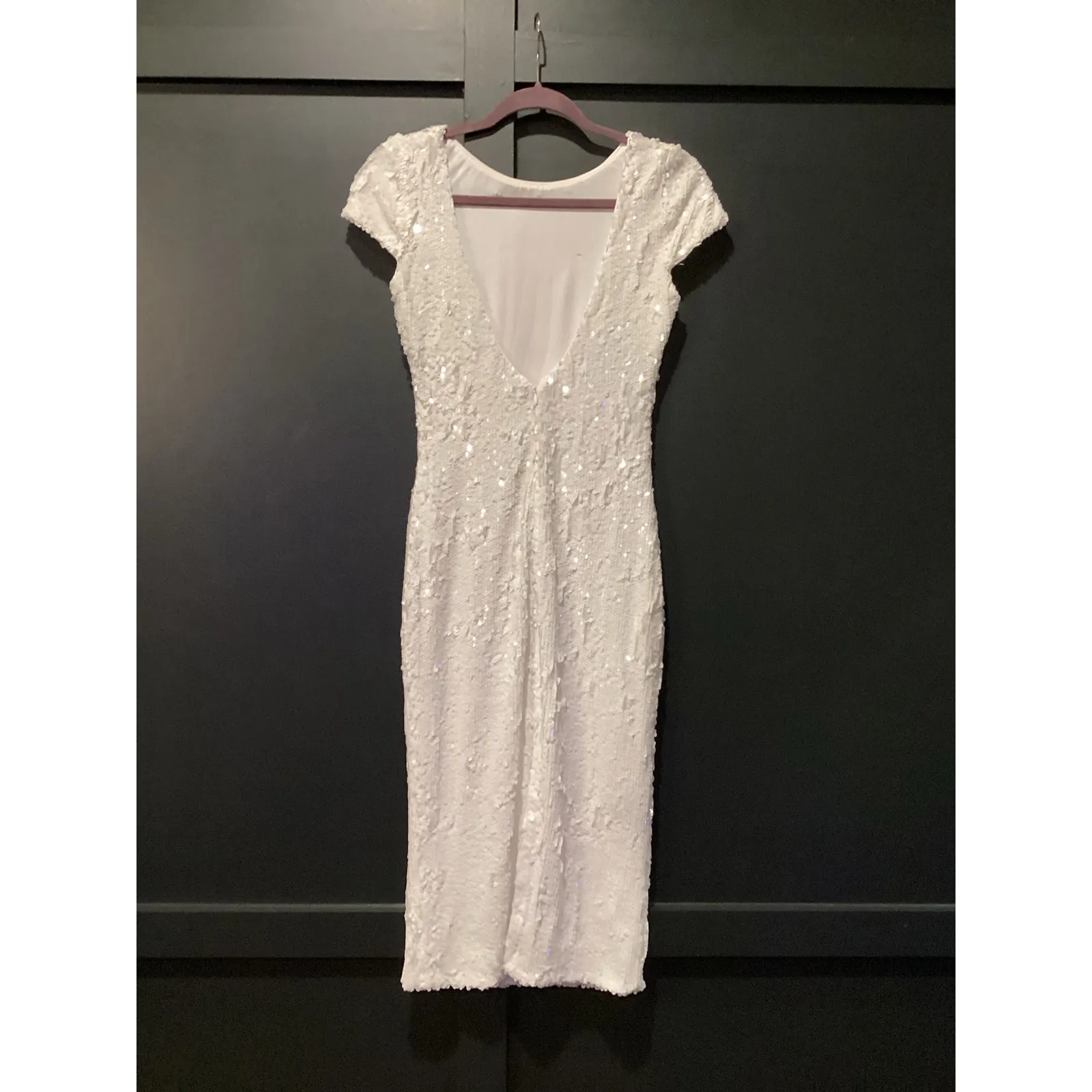 Dress the Population marcella white Sequin Bodycon low back Midi Dress Small - Image 9
