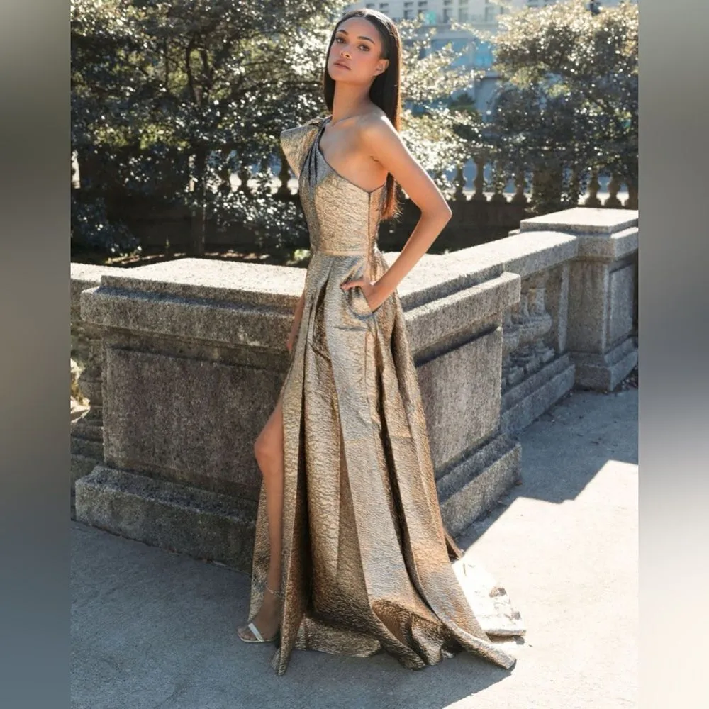 MAC DUGGAL 67297 Womens Antique Gold One Shoulder Metallic Ballgown Dress - Image 5