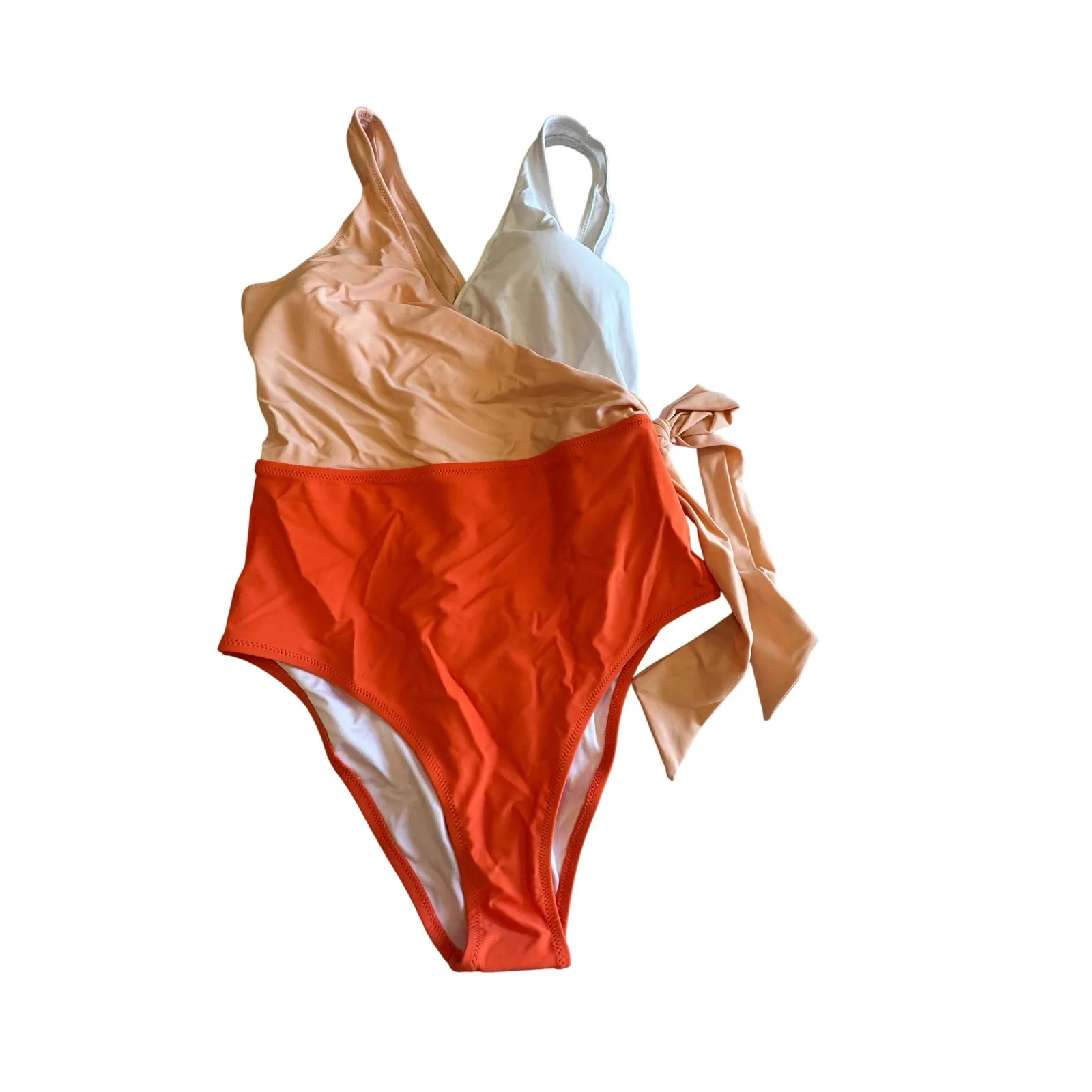 Cupshe-Colorblock One Piece Swimsuit White Orange Pink Tie‎ Bathing Suit - Image 3