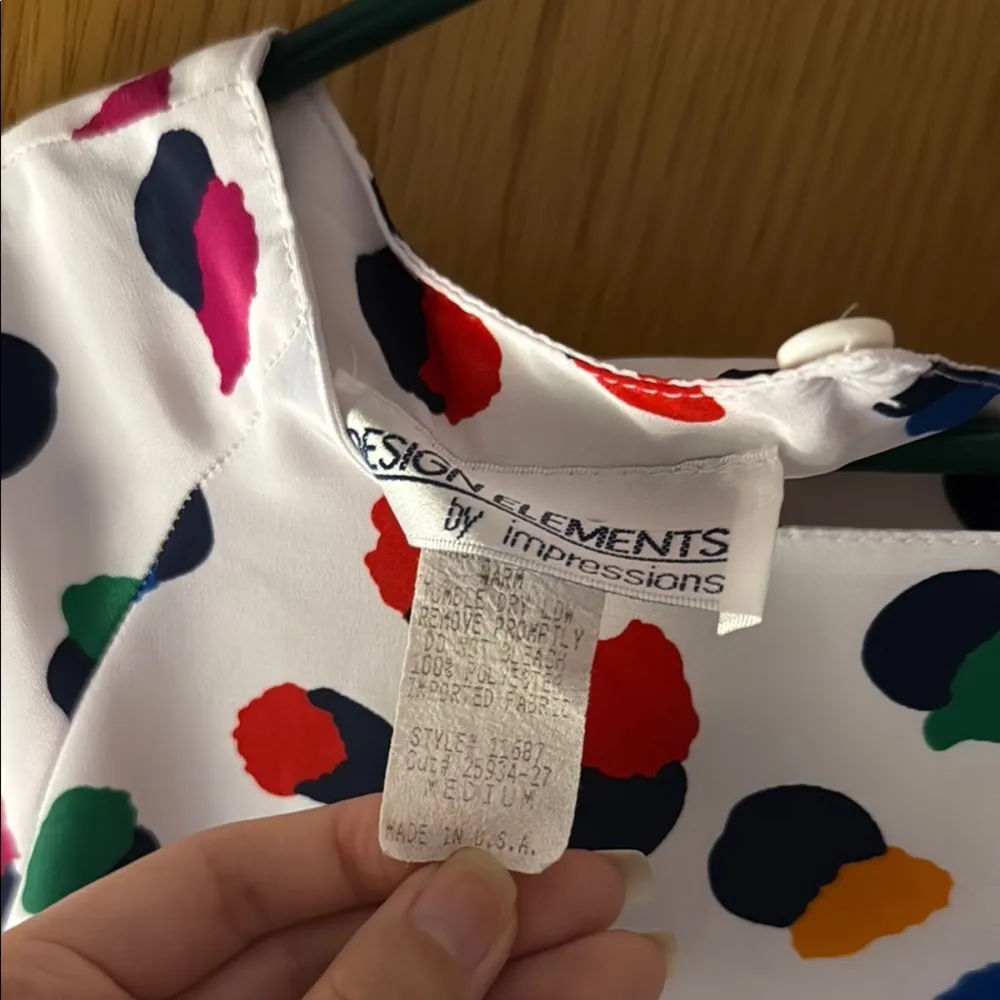 Colorful Polka Dot Blouse Vintage White Size M - Image 2