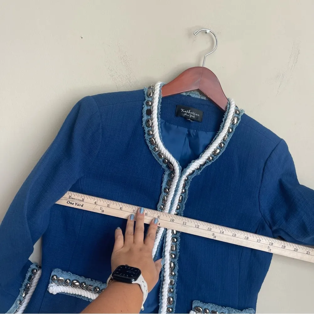 Katherine New York Navy Textured Embellished Jacket w/ Denim Detail Jacket Small Blue Size 6 - Image 8