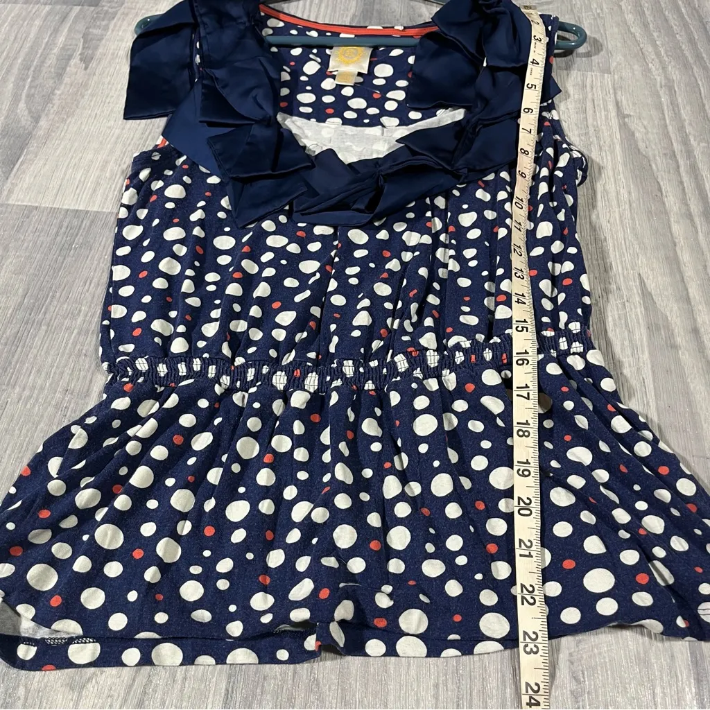 Rio Rae Anthropologie Navy Polka Dot Sleeveless Top with Ruffle Bow Detail Blue Size M - Image 6