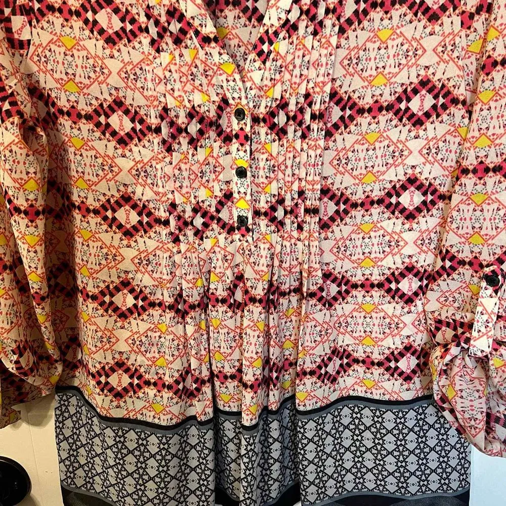 HD in‎ Paris Blouse  Orange Striped Button Up V-Neck Long Sleeve Pleated Size 4 - Image 5