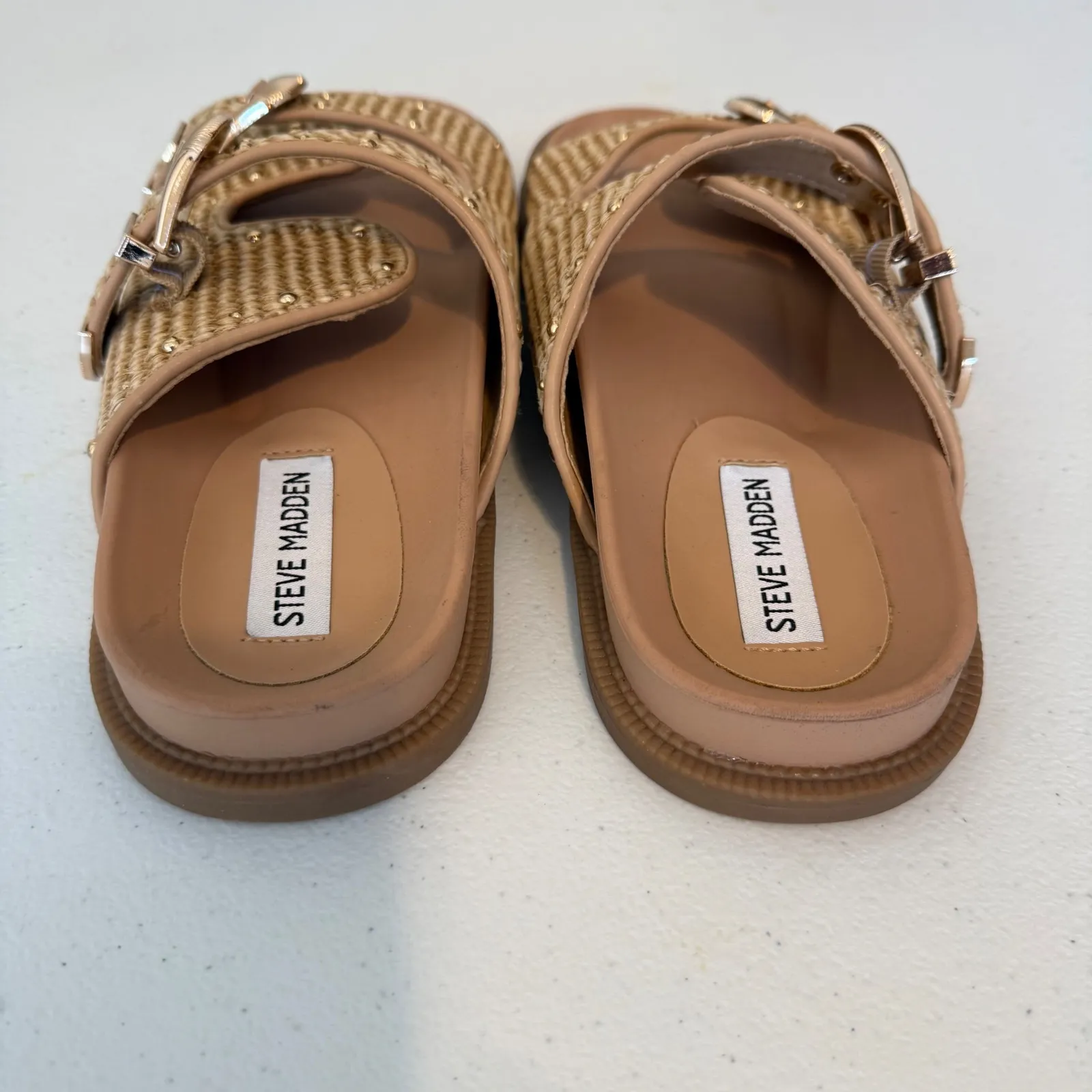 Steve Madden Connely Slide Sandals Women 10 Raffia Double Buckle Studded Raffia - Image 6