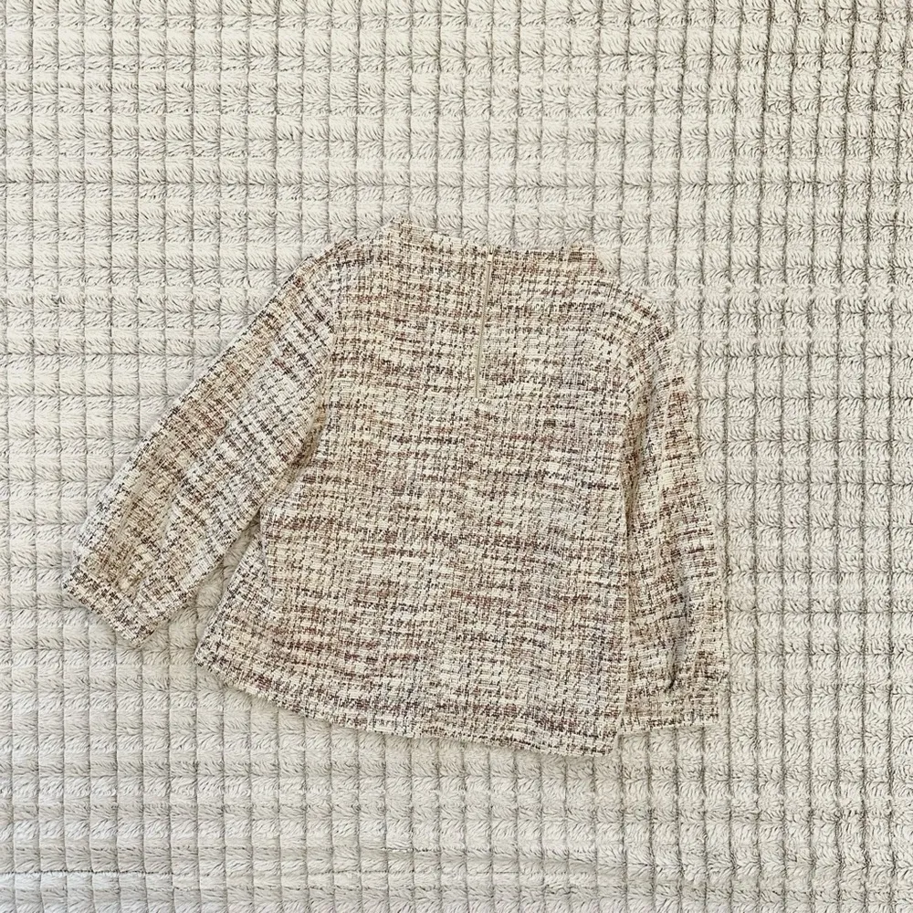 W5 Womens Top Small Tan Tweed 3/4 Sleeve Office Career Light Fringe Back Zip - Image 2