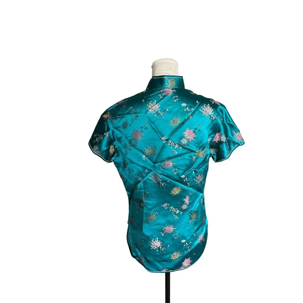 Vintage Teal Chinese Silk Floral Blouse Short Sleeve Size 40 By Folk Squirrel Green - Image 2