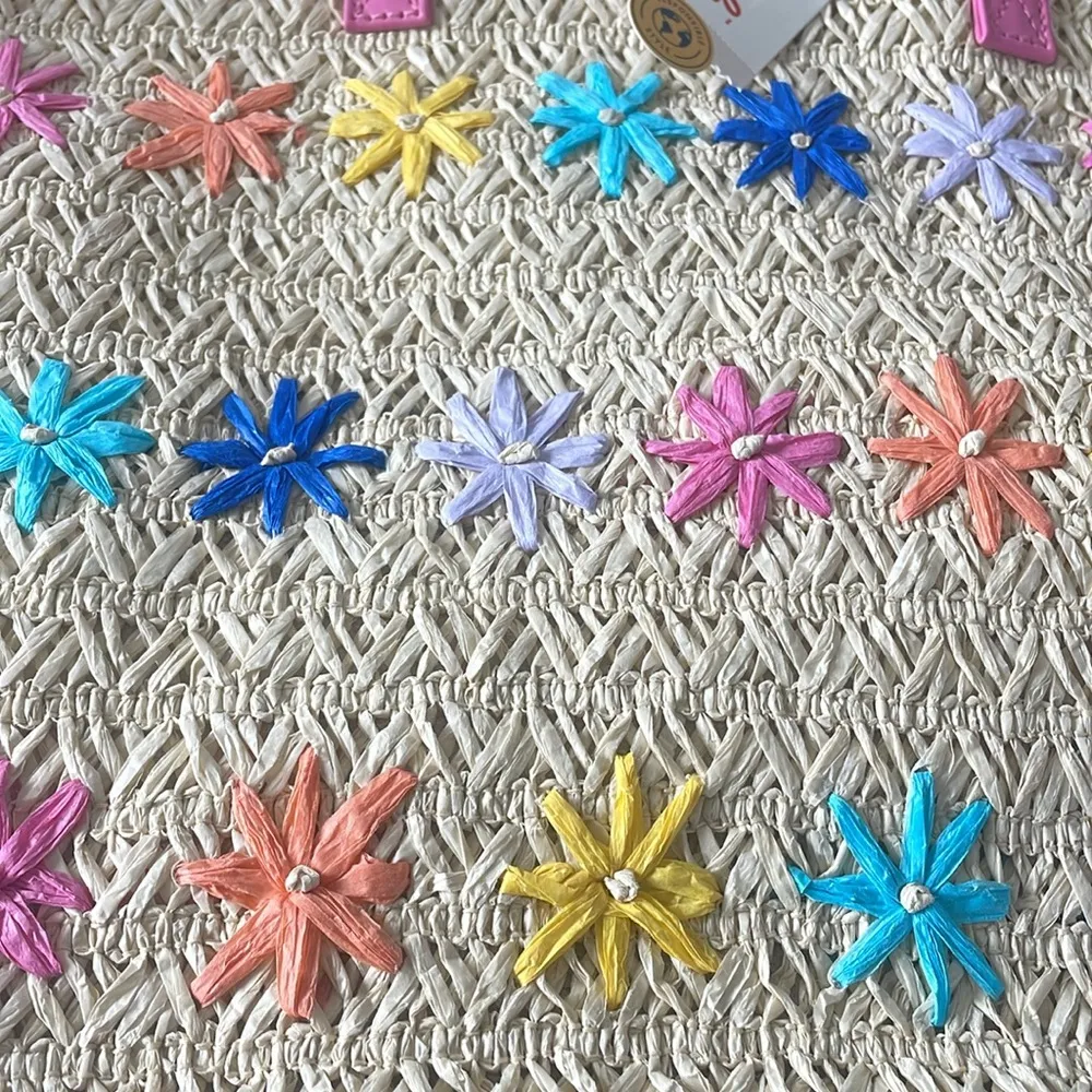 Cat & Jack bag Tan straw bag colorful floral embroidered purse new size large Pink - Image 3