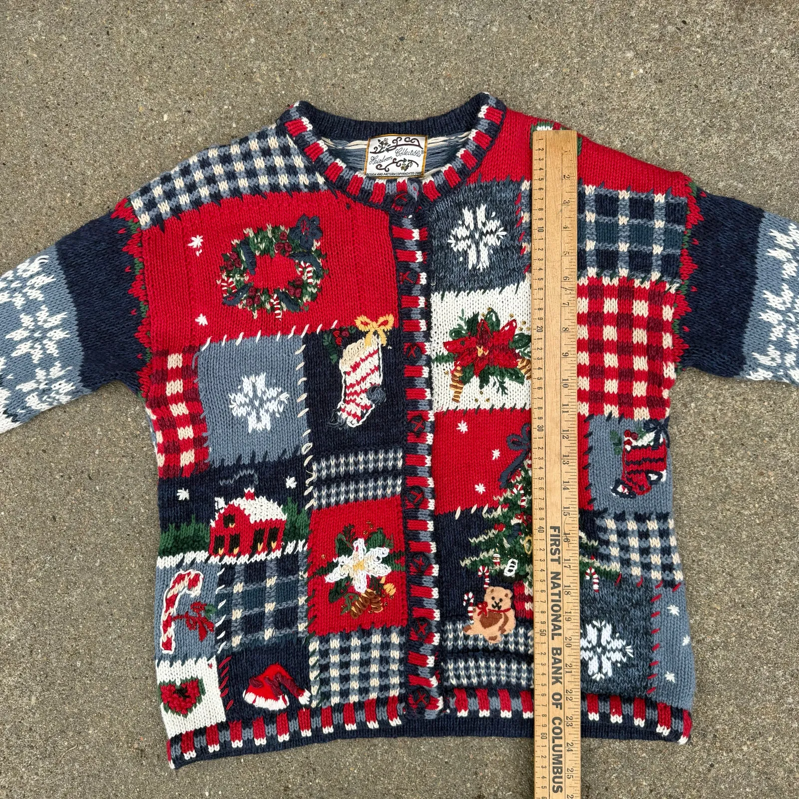 VTG Y2K Heirloom Collectives Mixed Media Patchwork Fair Isle Christmas Cardigan Red Size M - Image 7