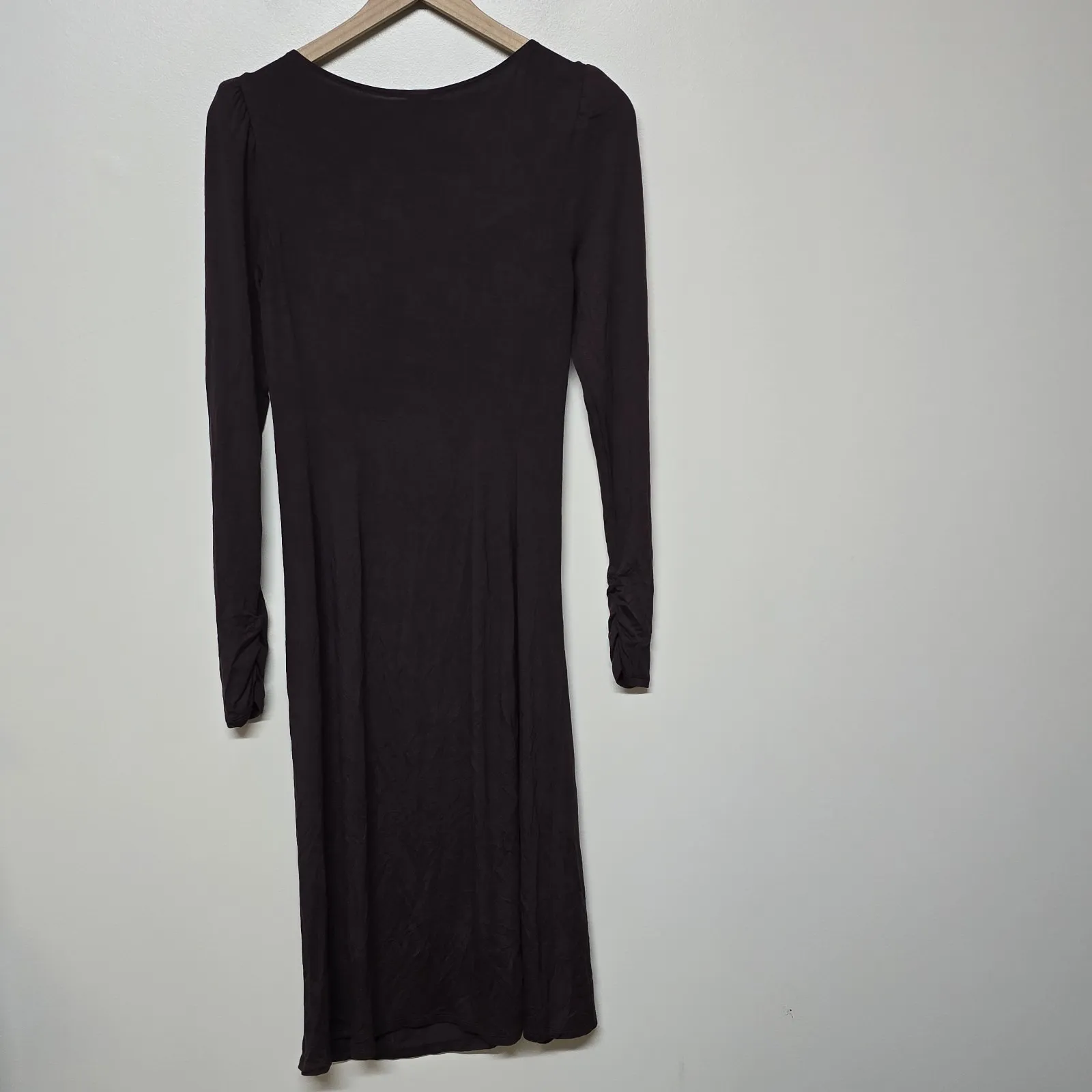 Peruvian Connection D'Orsay Dress Small Brown Long Sleeve Ruched Cowl Neck Midi - Image 5