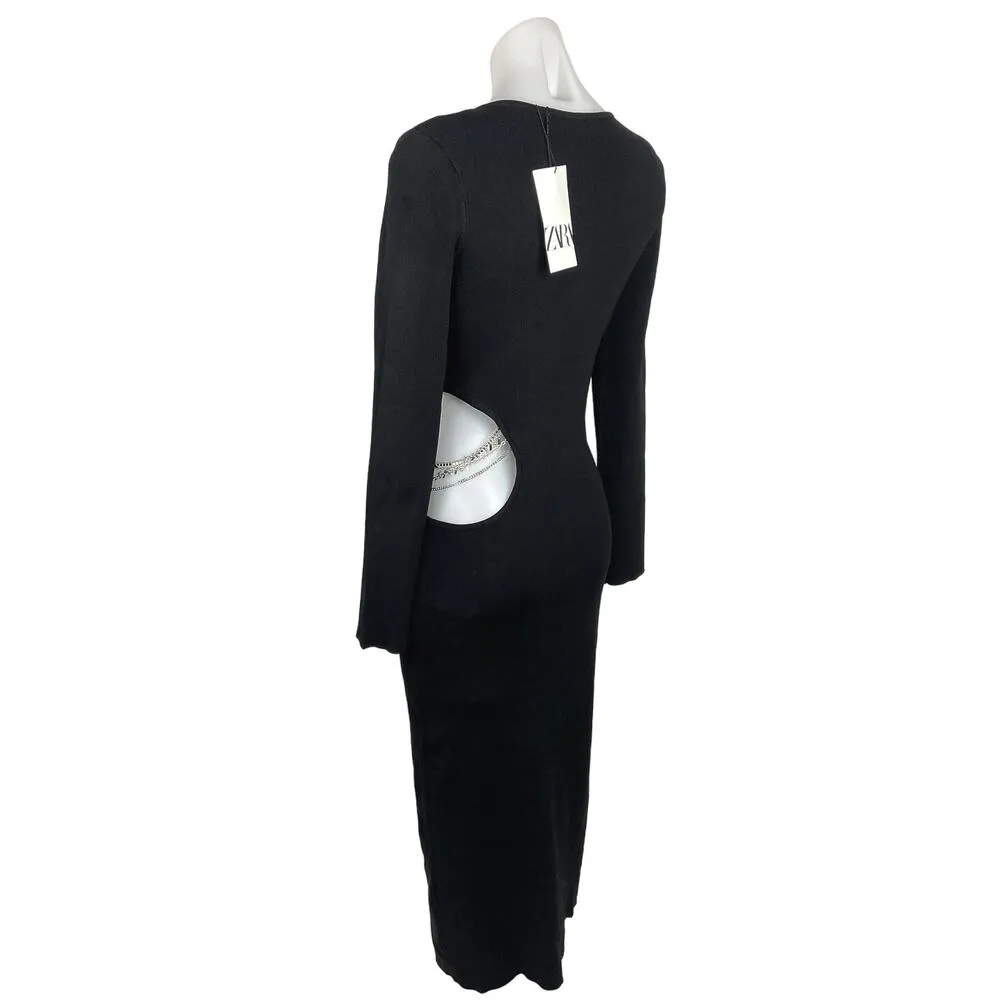 NEW Zara Black Cutout Waist Gold Chain Long Sleeve Midi Sweater Bodycon Dress L - Image 5