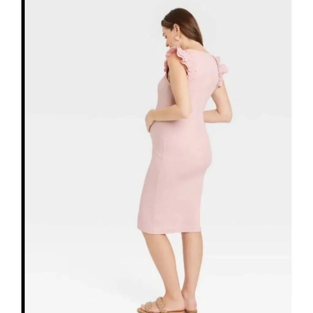 The Nine By Hatch Ribbed Ruffle Knee Length Dress Women Medium Pink - Image 10