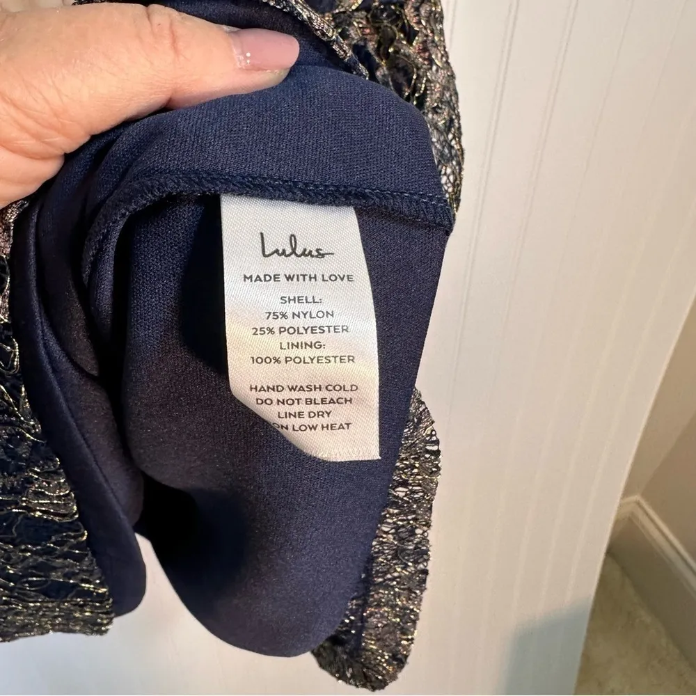 Lulus Tawny Navy Blue and Gold Metallic Lace Skater Dress Sz S - Image 14