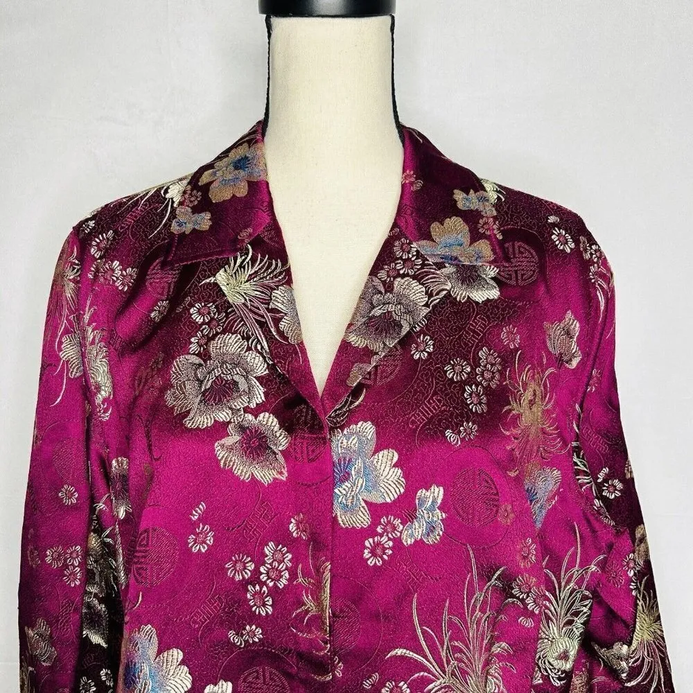 Chico's Art-to-Wear Asian Inspired Rayon Jacket Burgundy Gold Floral Sz 3 Large - Image 2