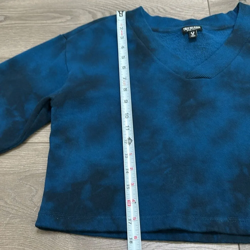 True Religion‎ Foil Logo V Neck Crop Long Sleeve Sweatshirt Blue Poseidon Small - Image 9