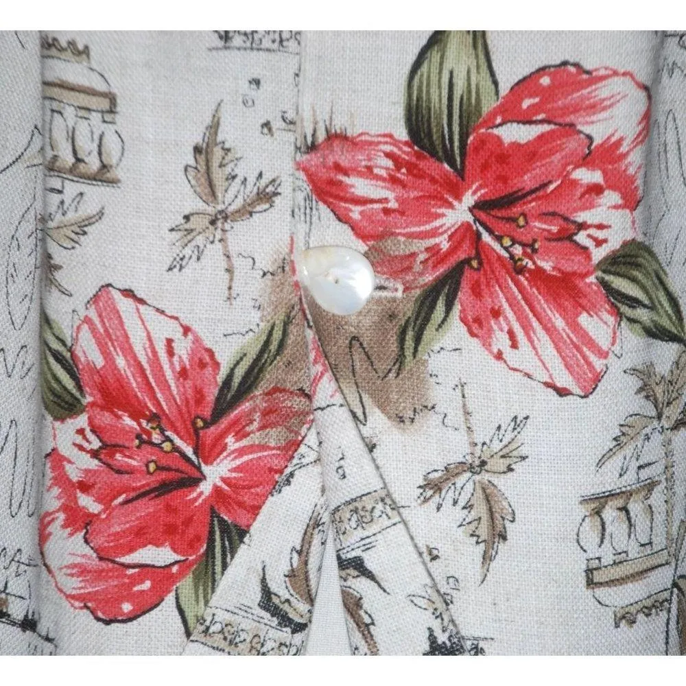 Tofy Tan Hawaiian Floral Jacket Size 8 Flax Blend Shoulder Pads Short Sleeves - Image 3