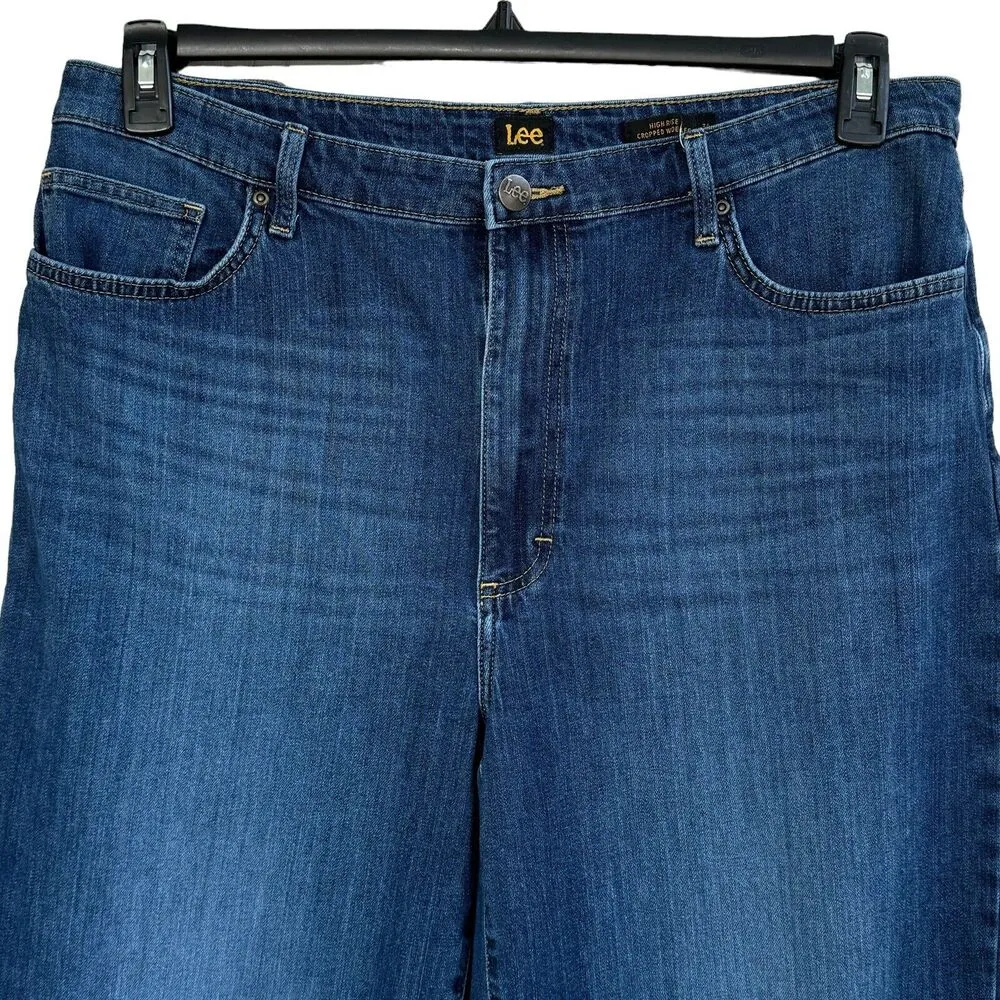 Lee Womens SZ 34 High-Rise Cropped Wide Leg Jeans Pockets Zip-Fly Whiskered Blue - Image 2