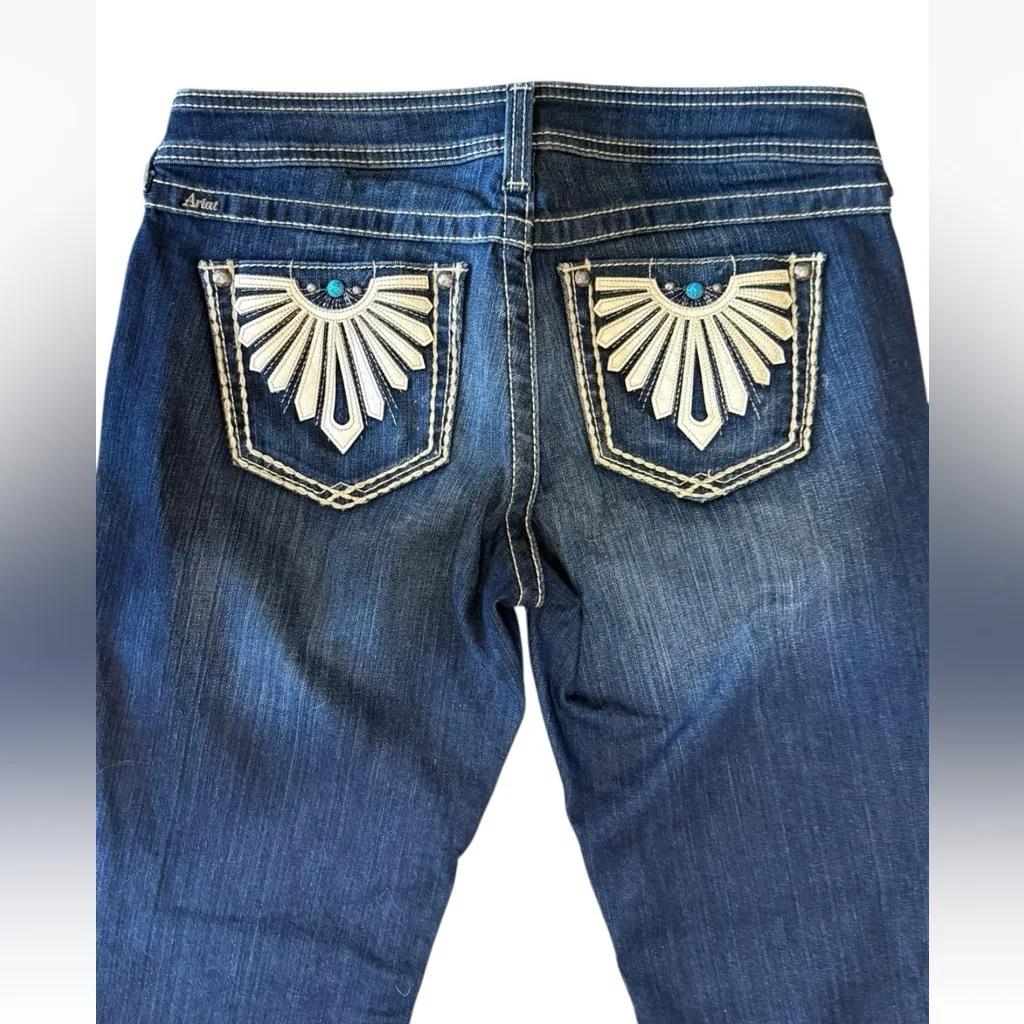 Ariat Women’s Darkwash ARIAT Jeans 29 X 33 TURQUOISE Embellished Long EUC - Image 8