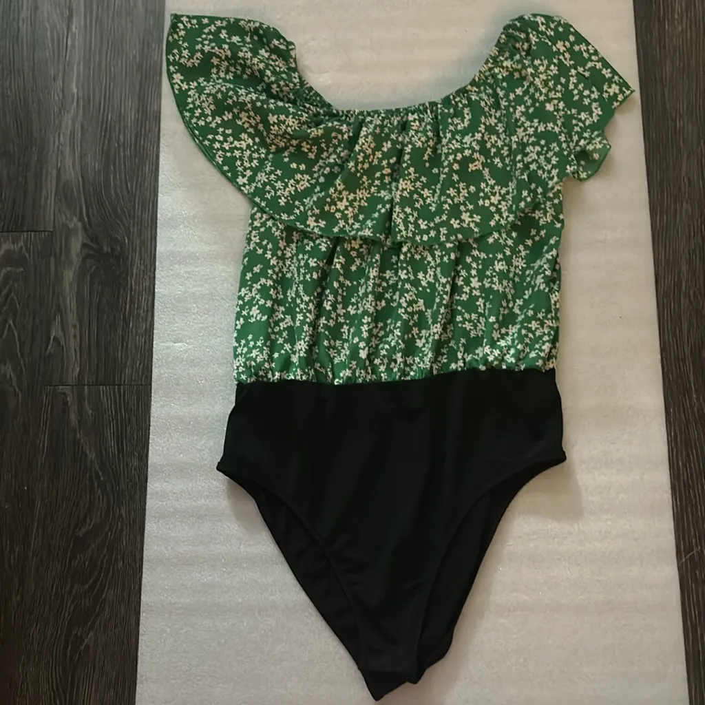 SHEIN Floral Ruffle Bodysuit Green/Black  XL/ US 12 Balletcore Boho Casual - Image 3