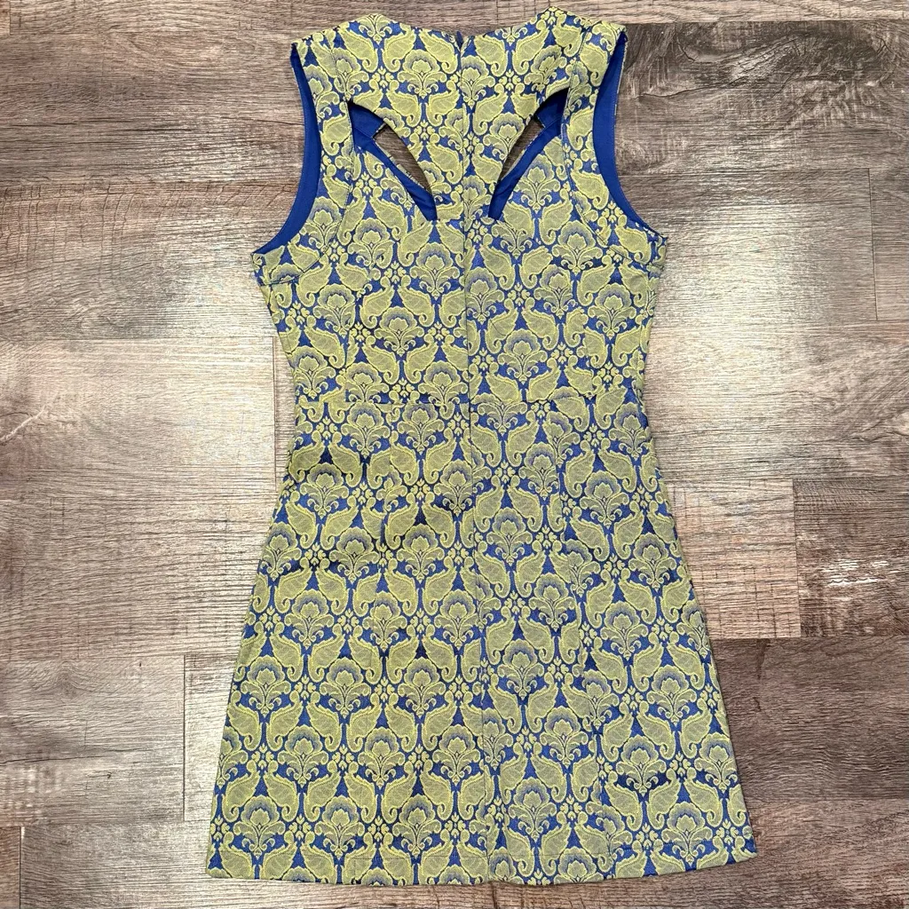 ASTR Green Metallic and Blue Brocade Formal Mini Dress High Neck Cutouts  Small - Image 5