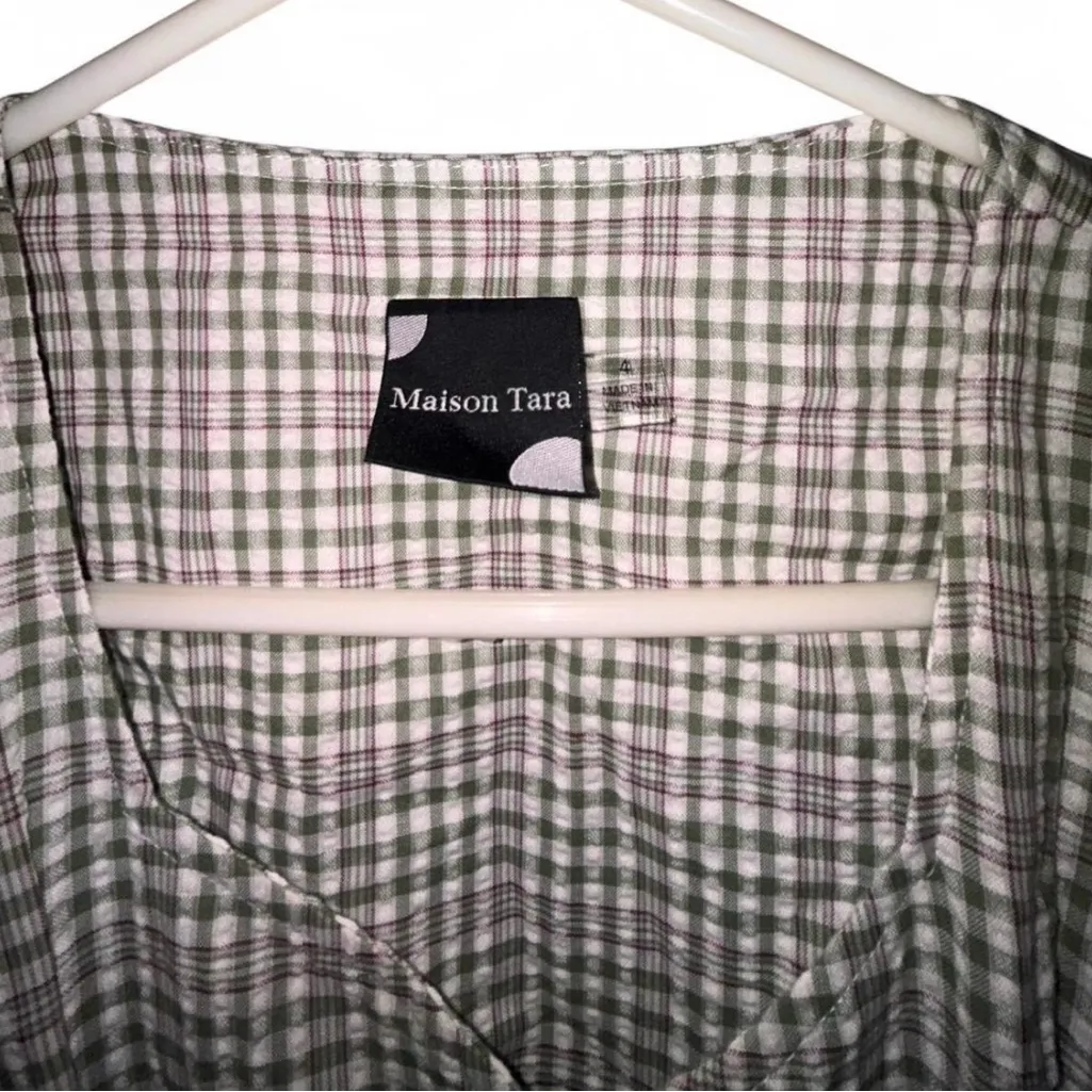 Maison Tara Gingham Midi Dress with Belt Green Size 4 - Image 3