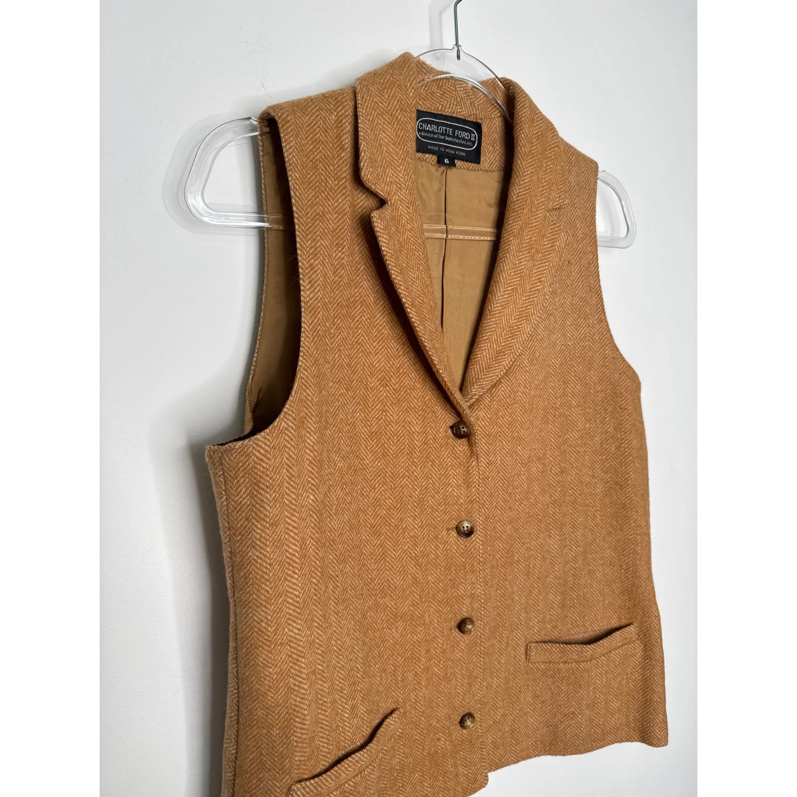 1980s Charlotte Ford II Camel Herringbone Wool Vest & Skirt Set Small - Image 7