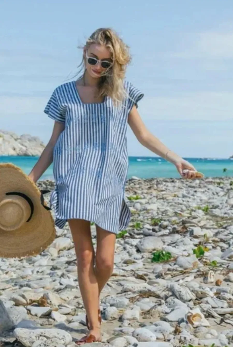 Tuckernuck | Blue Stripe Mini Sullivan Embroidered Canvas Caftan | Sz XS - Image 1