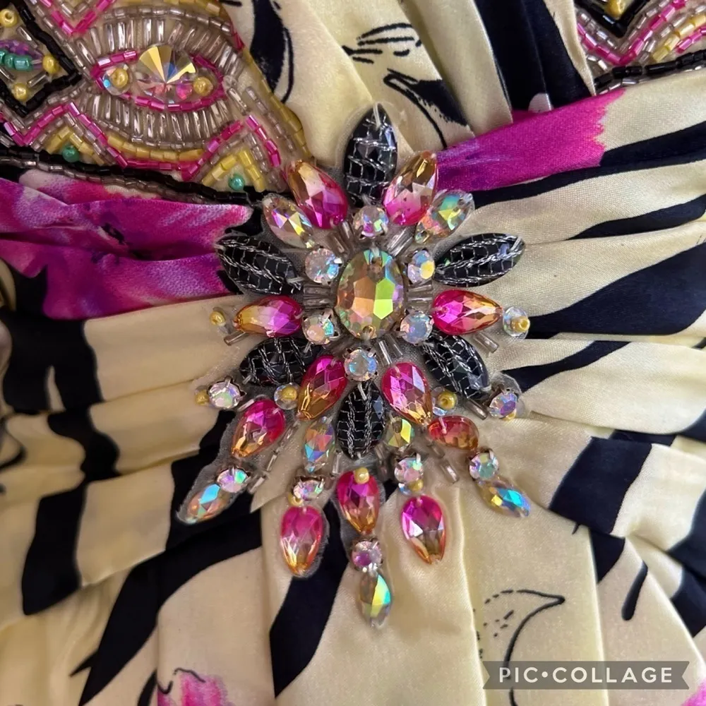 Riva Designs Dress Mini Satin XS Floral One Shoulder Yellow Multi Beaded Bubble - Image 7