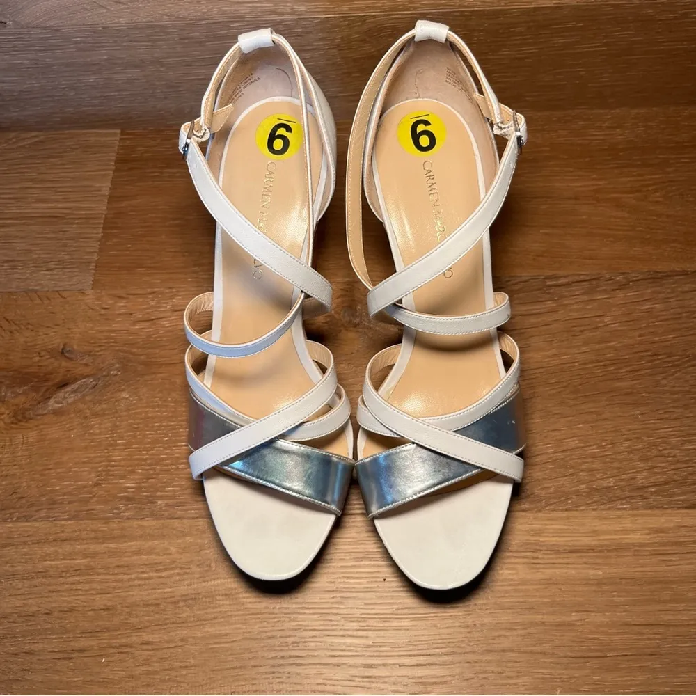 Carmen Marc Valvo Cork Wedge Sandals White Silver 9 - Image 6