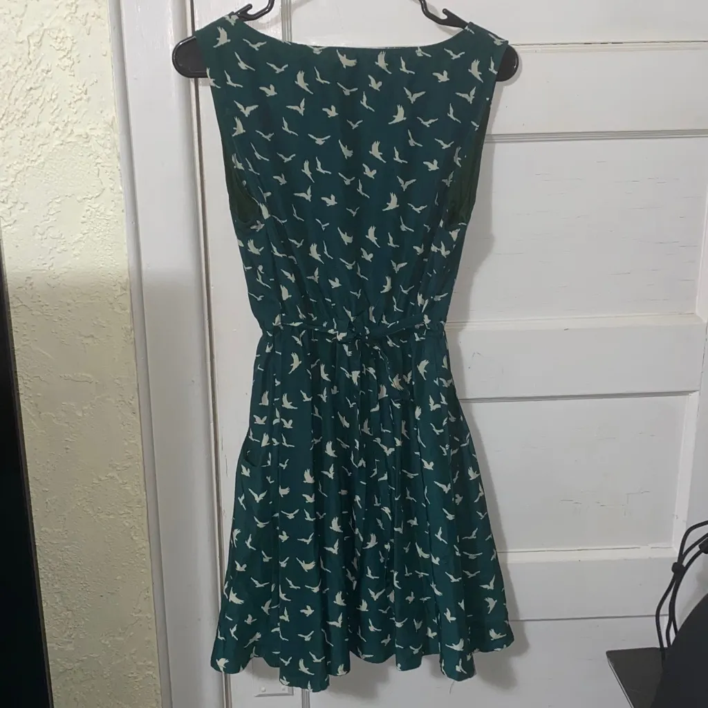 Fussy NY Green & White All Over Bird Print Cinched Waist Midi Dress With Tie Size M - Image 2