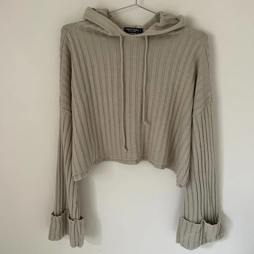 Nasty Gal Knitted Hoodie Bell Sleeves Gray Taupe Size Small - Image 2