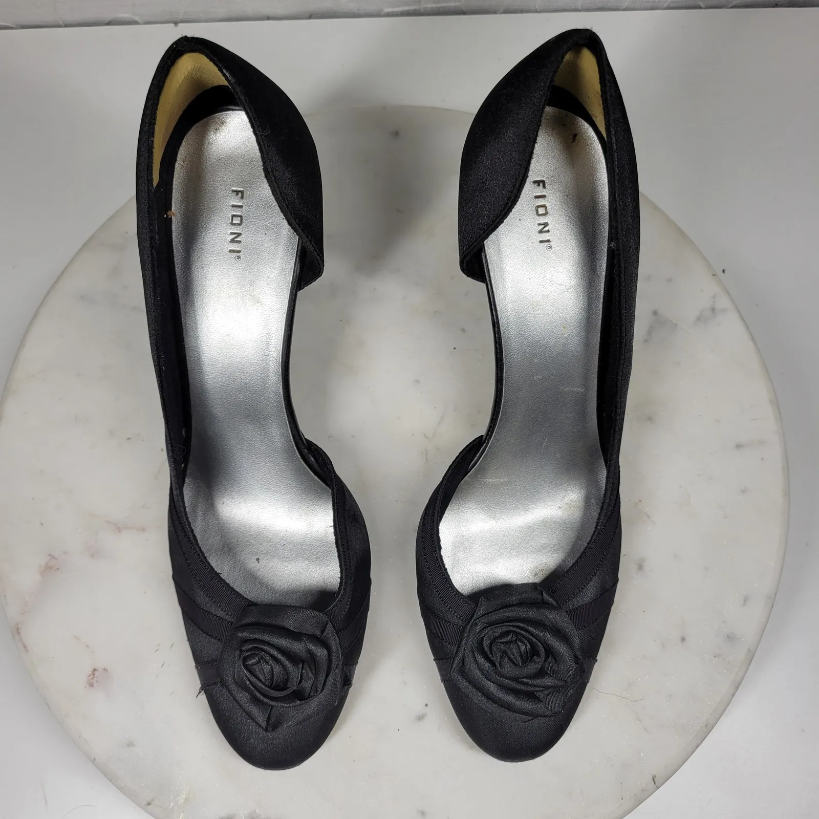 Fioni Dress Pumps Womens‎ 8.5 Black Satin Rose Stiletto High Heels Formal - Image 5