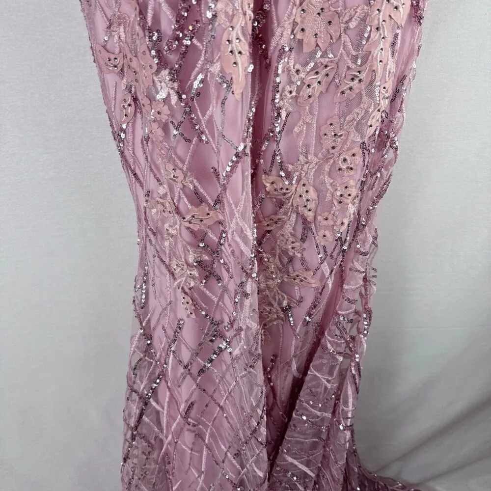 JOVANI Pink Sequin Jewel Beaded Floral Spaghetti Strap Long Maxi Gown 02245 Sz 6 - Image 5