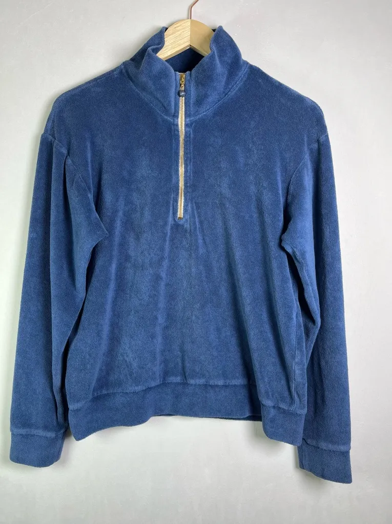 DONNI Women’s Terry Cloth Half Zip Pullover Sweatshirt Blue Size M Made in USA Size M - Image 1