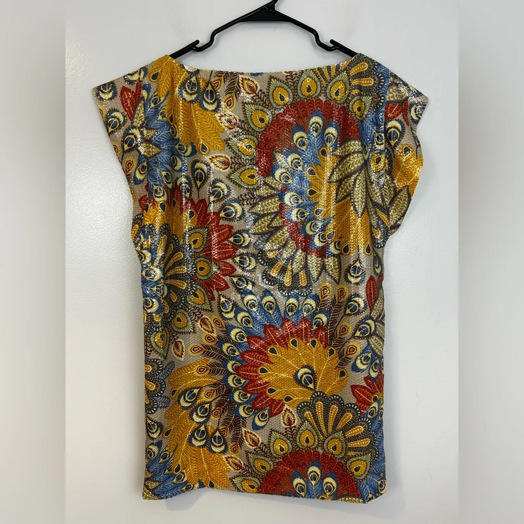 NWT Monique Leshman 100% Silk Colorful Sequin Peacock Belted Mini Dress Large Red - Image 8