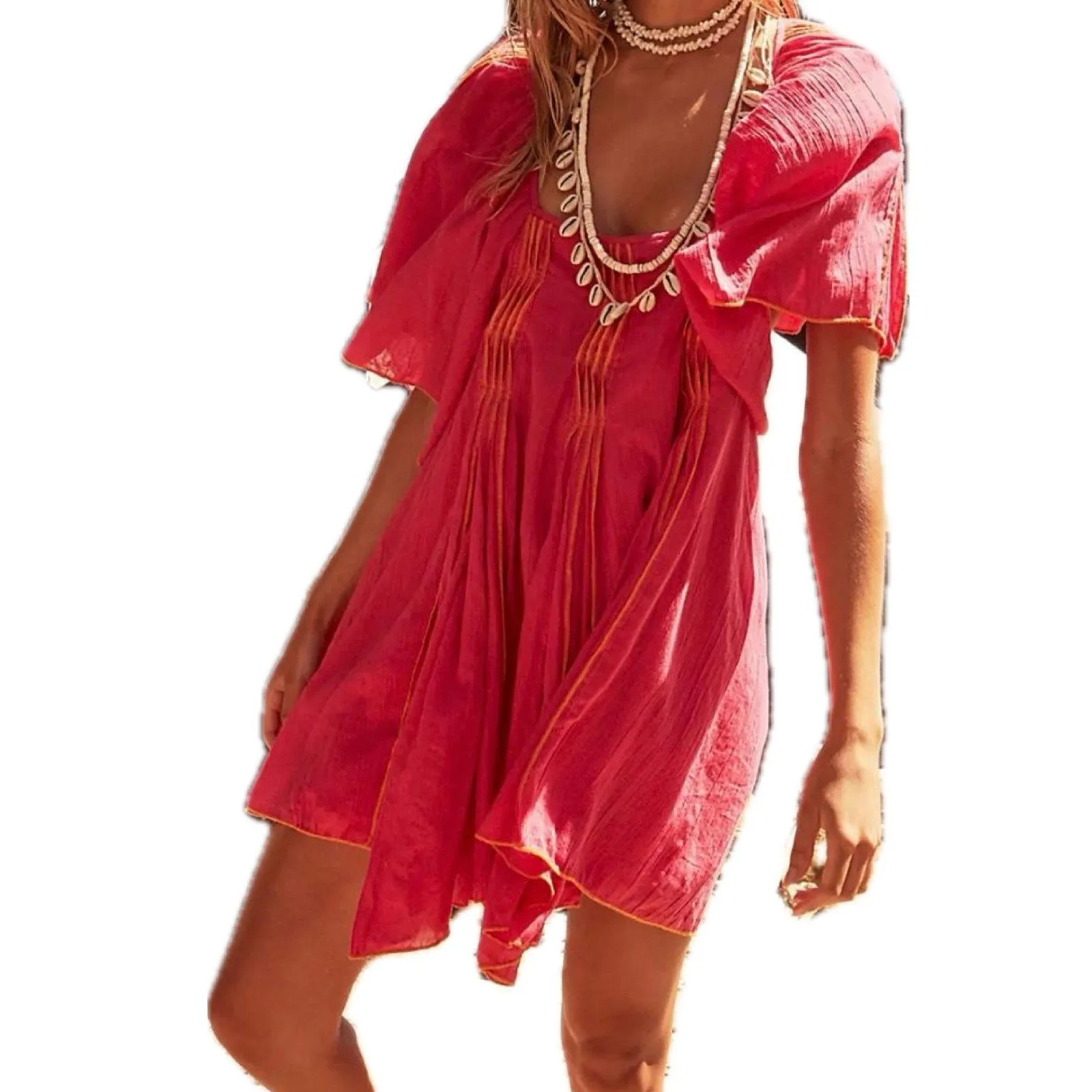 Free People 100% Cotton Fuchsia Sheer Lined Crinkle Joelle Tunic Dress Top L - Image 2