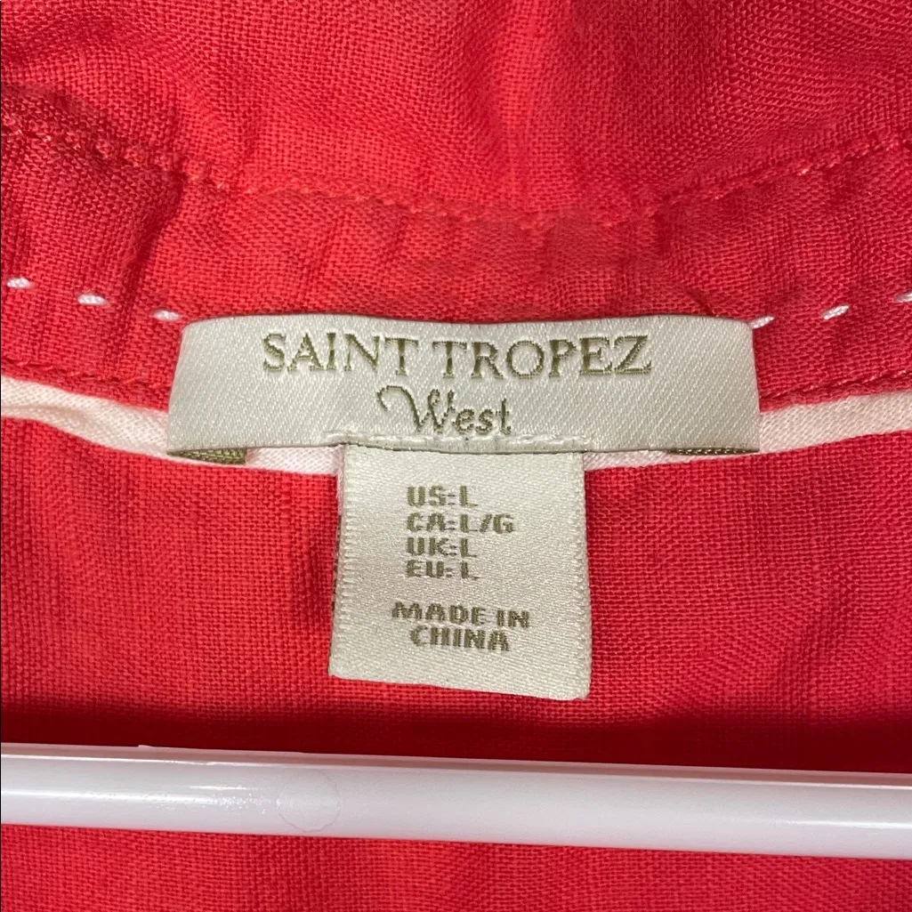 Saint Tropez West Women’s Linen Blend Coral Red Split Neck Hi-Low Tunic Blouse - Image 7