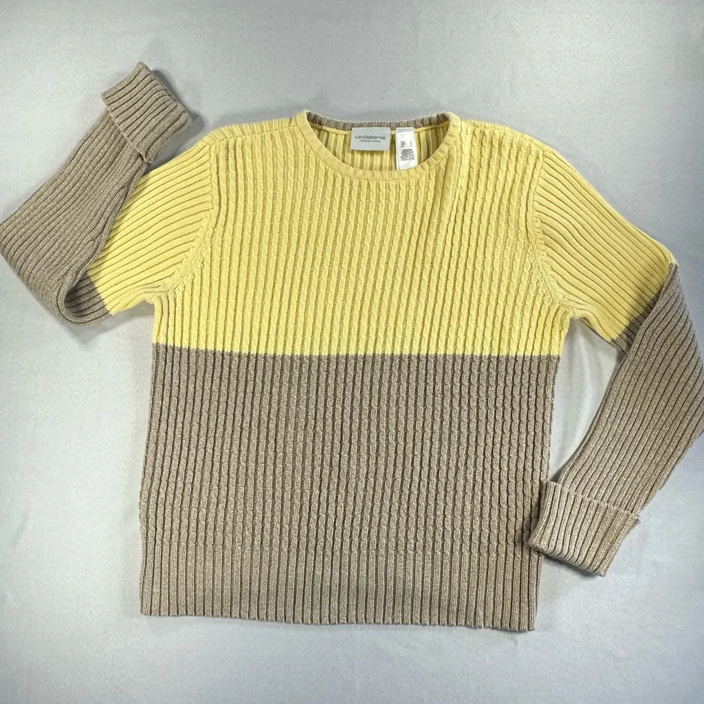 Liz Claiborne • LizWear 2 Tone Sweater Vintage Tan Yellow Size Lg Classic Preppy - Image 5