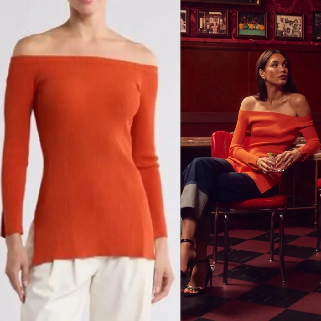 Veronica Beard Derick Off the Shoulder Ribbed Knit Top Deep Orange Side Split - Image 2