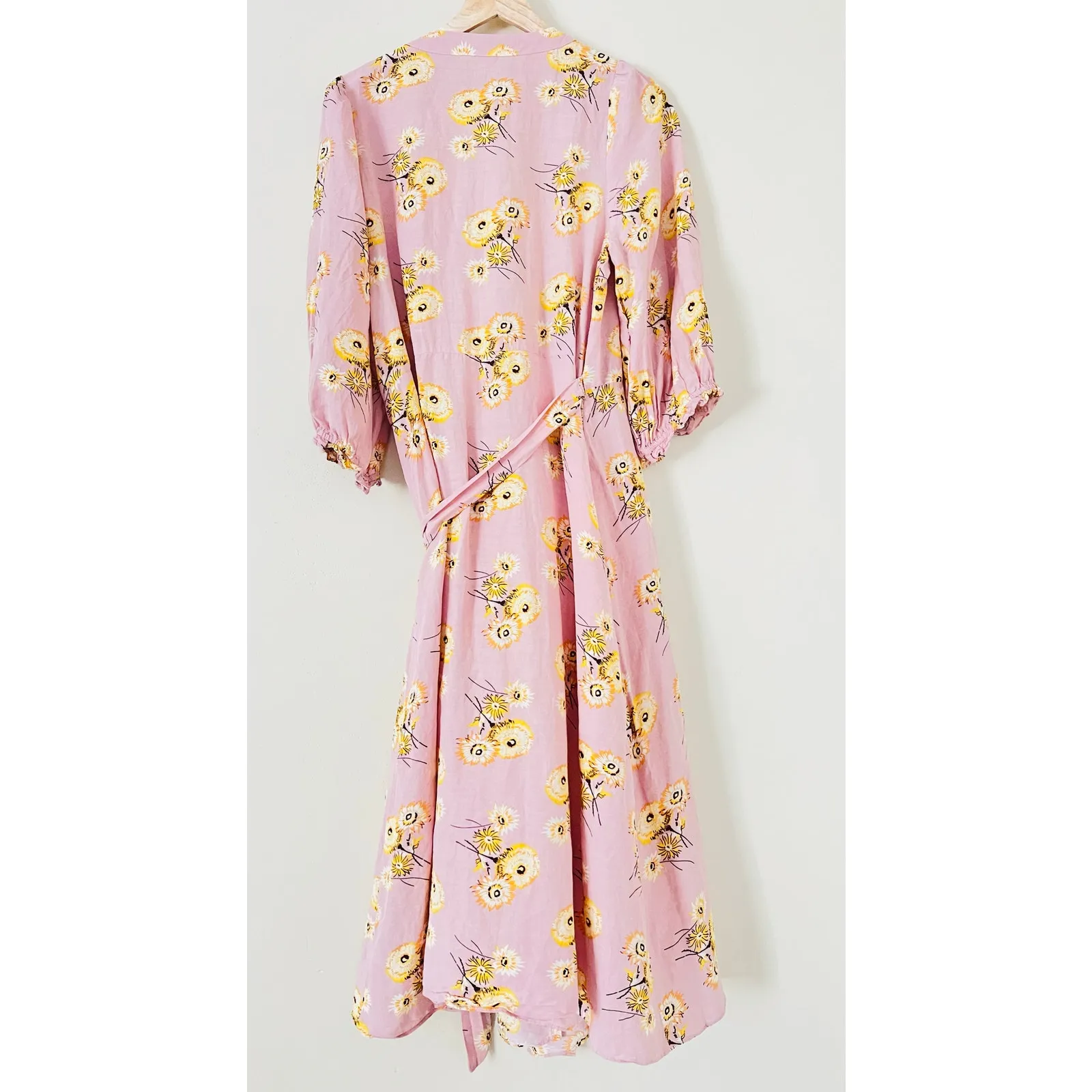 Madewell Linen-Blend Ruffle-Cuff Wrap Dress Dutch Dandelions Medium Pink Floral - Image 8