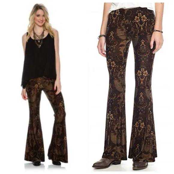 Free People Maura Printed Velvet Flare Pull On Pants Womens XS Brown FloralMulti - Image 2