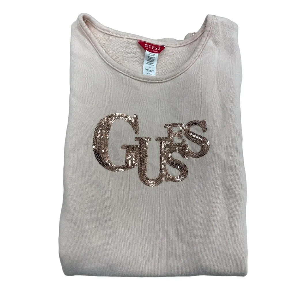 Guess Women's T shirt Gold Sequence Logo Beige size 12 SKU 1327 - Image 3