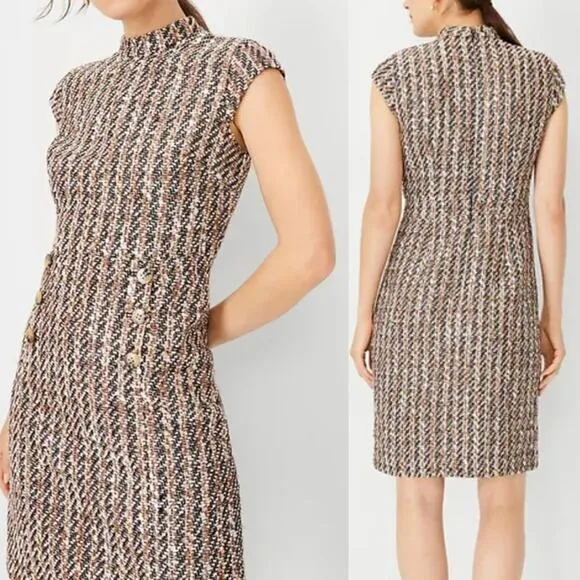 ANN TAYLOR Brown Tweed Mock Neck Metallic Shimmer Sheath Office Dress Size 14 - Image 2