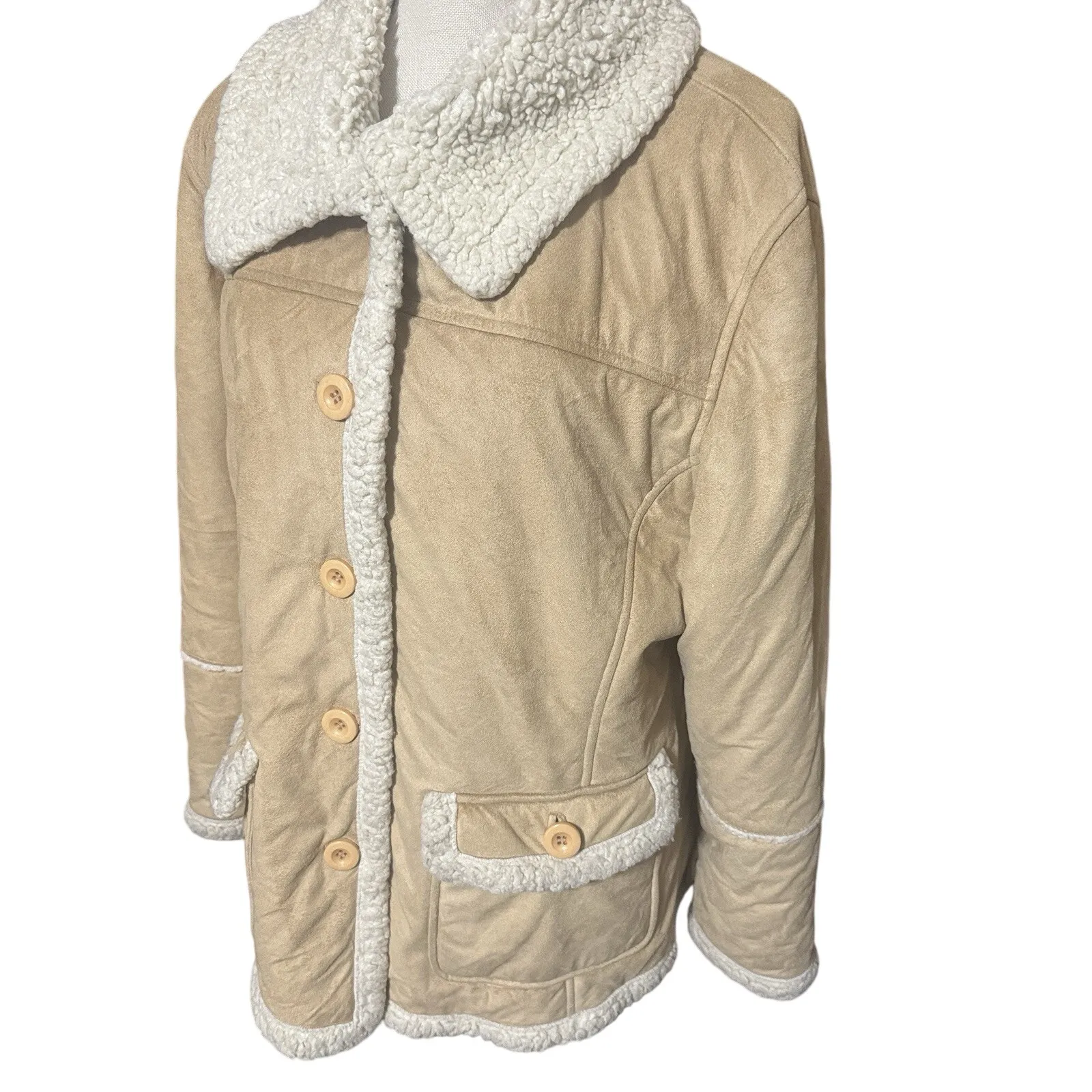 Mackintosh New England Womens Jacket Faux Suede Coat Shearling Lined Beige Sz XL Tan - Image 2