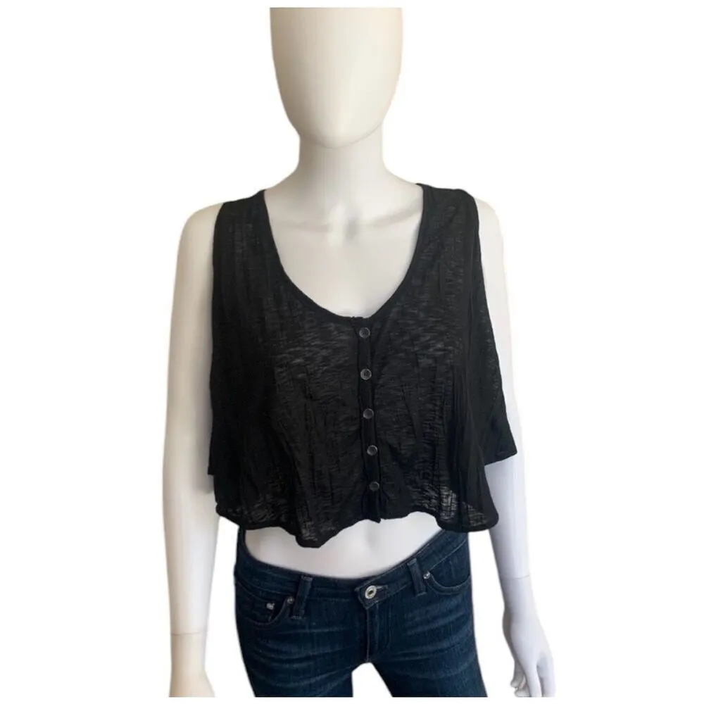 ✨FREE PEOPLE BLACK CRINKLE BUTTON FRONT SWING CROP SZ MEDIUM TOP✨ - Image 3