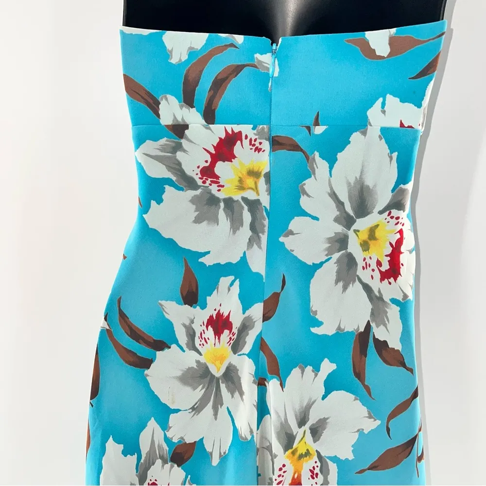 ABS Allen Schwartz Strapless Mini Blue w/White, Green, Red Floral Print Dress-4 - Image 8