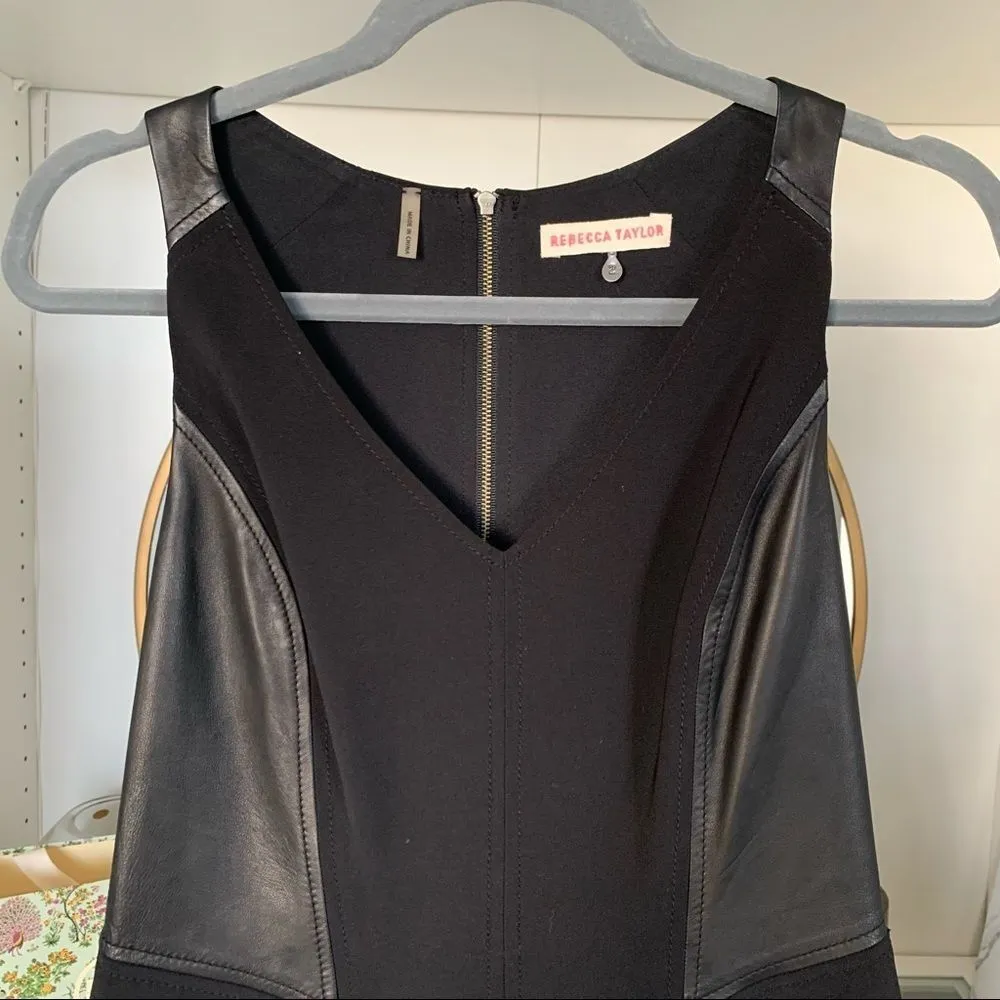 Rebecca Taylor Women's Size 2 Black Lamb Leather Paneled Shift A Line Dress - Image 3