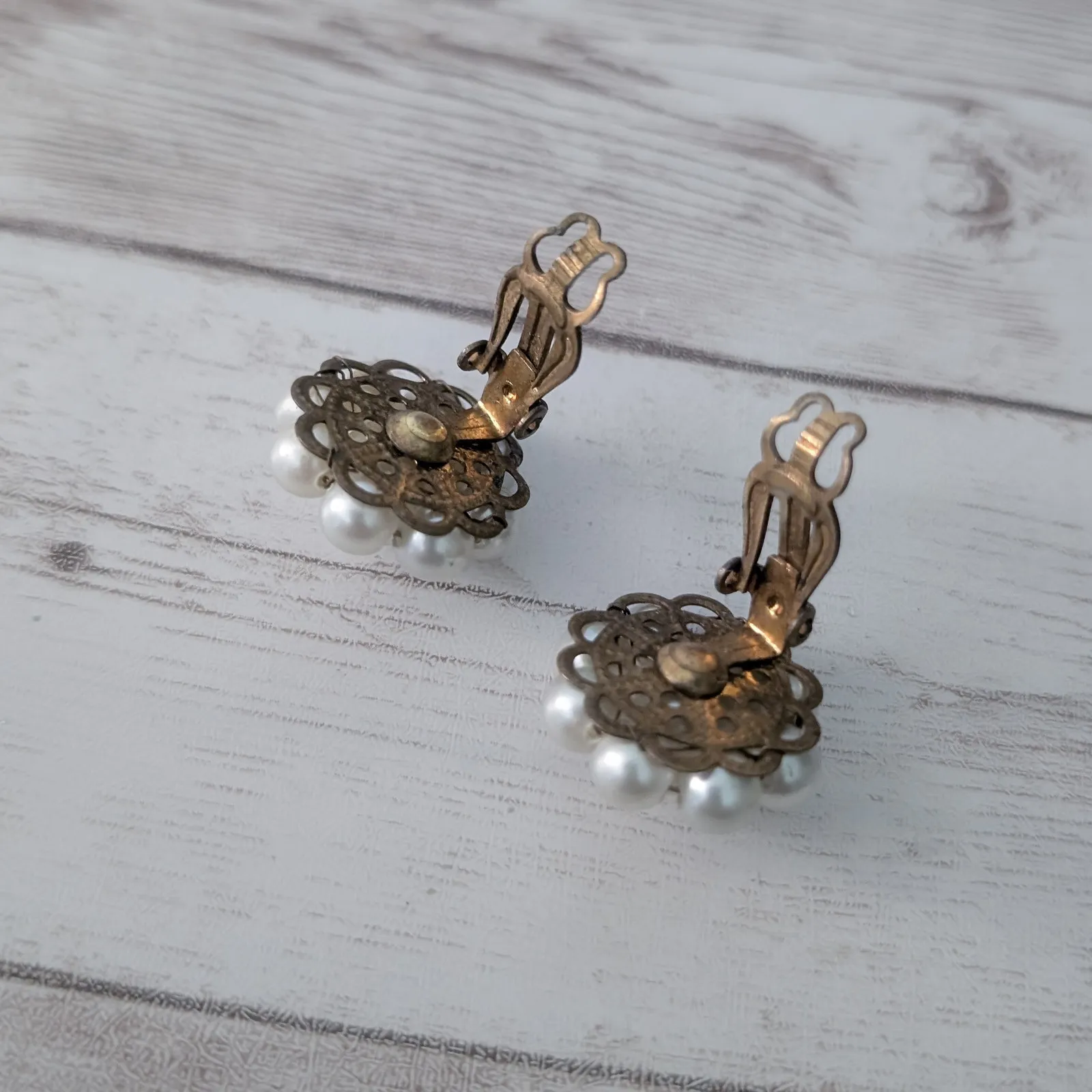 Vintage Clip On Earrings Cream Cluster Stamped Japan - Image 4