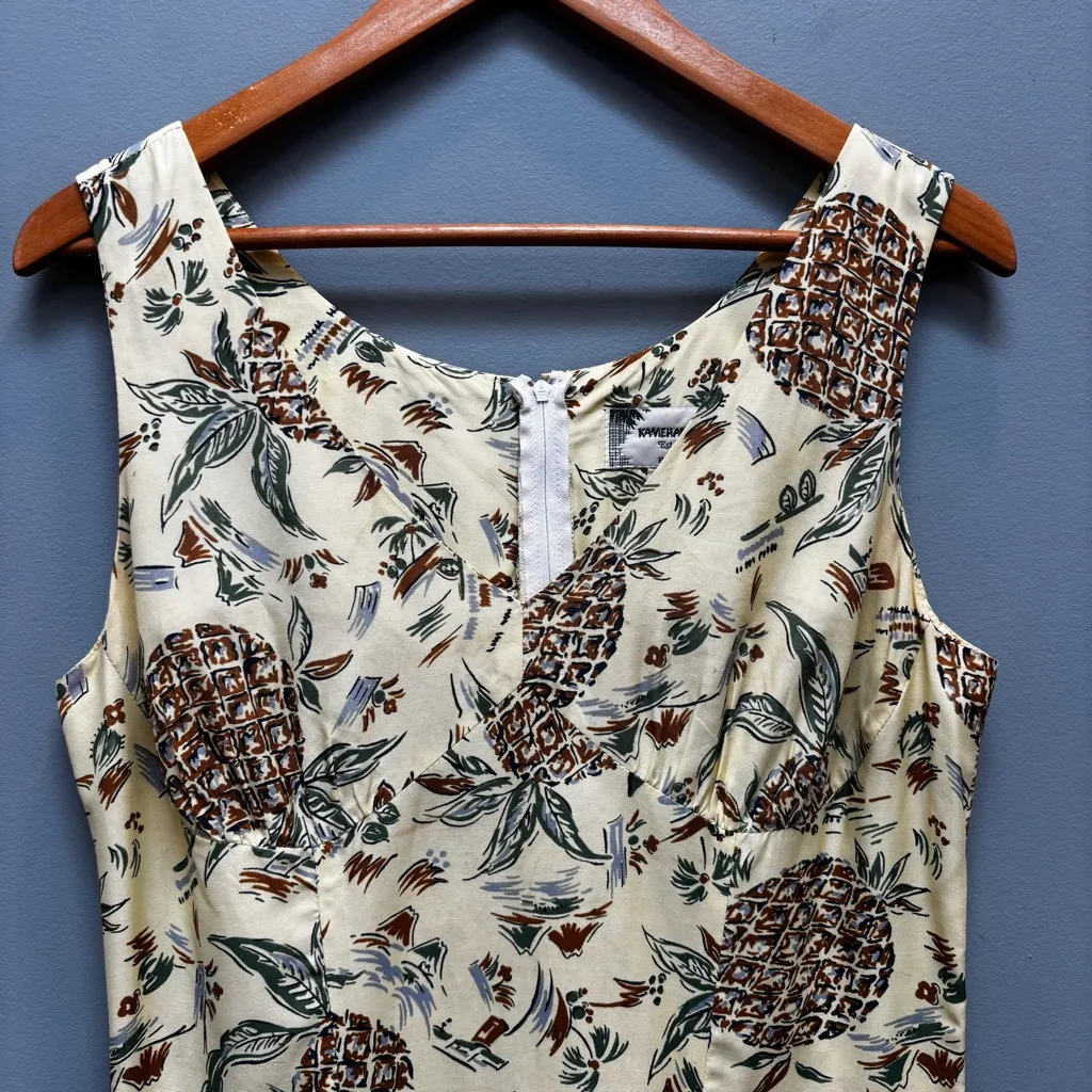 Vintage Kamehameha Yellow Pineapple Print Hawaiian Shift Dress S - Image 2