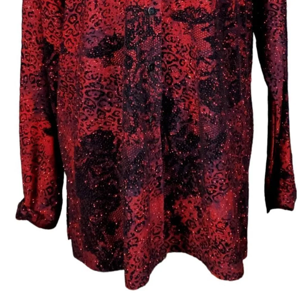 Vintage Chico's Tunic Size XL Red Black Animal Print Long Sleeve Sparkle Artsy - Image 5